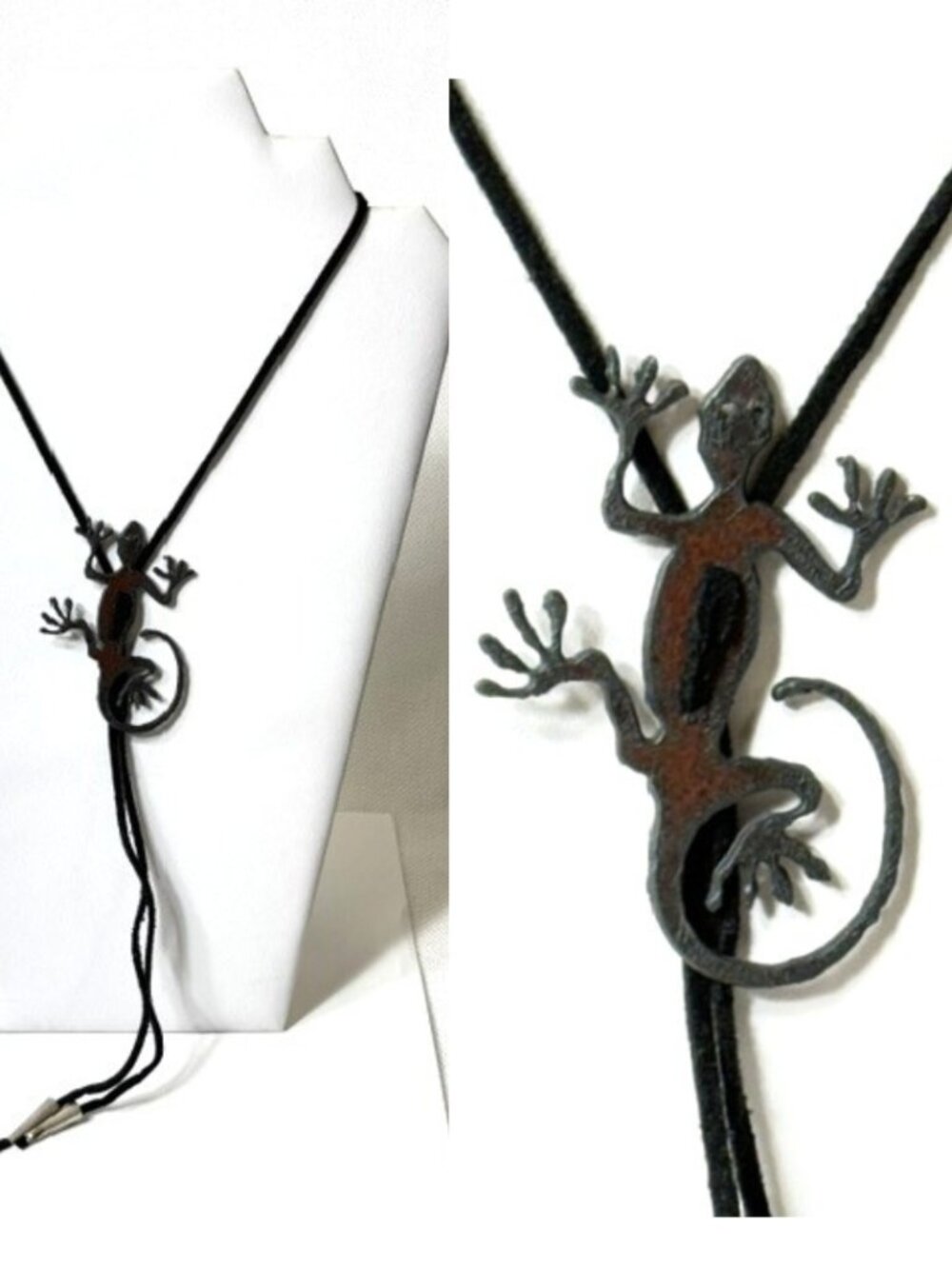 Oxidized metal lizard and lightweight black cord western cowboy/cowgirl bolo tie